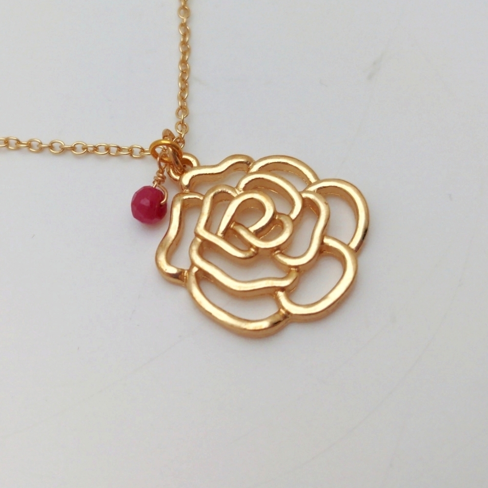 Gold Rosette Flower Necklace w/ Genuine Ruby